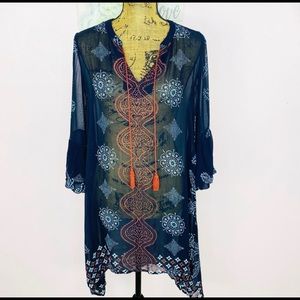 World Market Mandala Scroll Print Sheer Swim CoverUp Blue L/XL Bubble Cuff